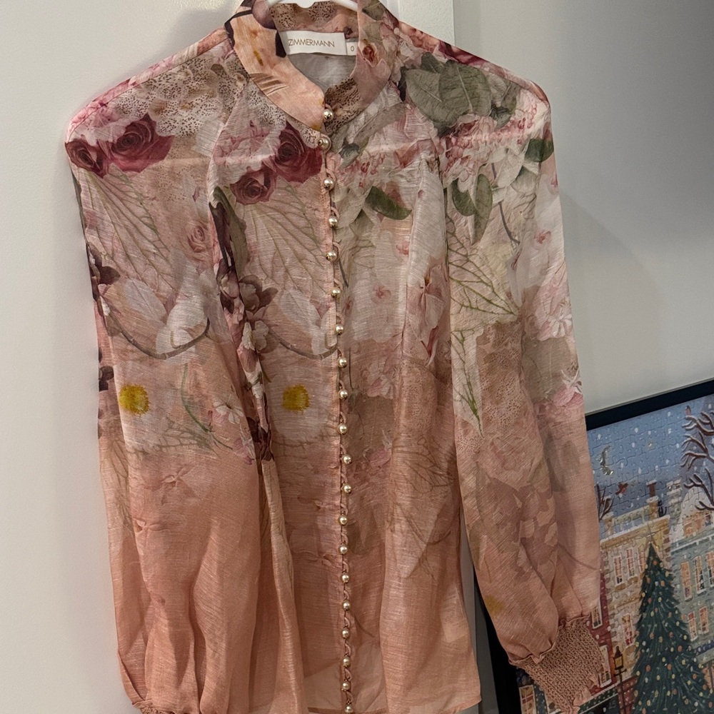 Zimmermann Peach Pink Floral Silk Button-Up Blouse